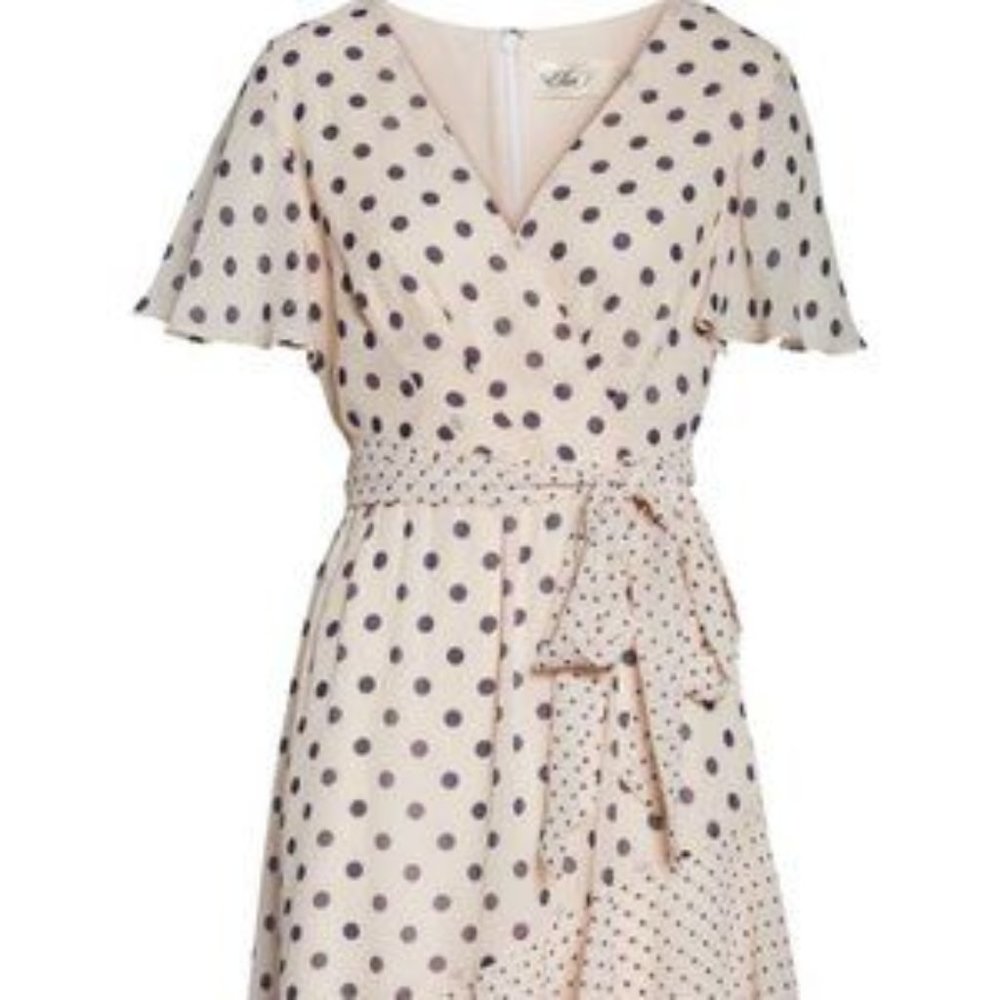 ELIZA J Polka Dot Chiffon Faux Wrap Dress size 8